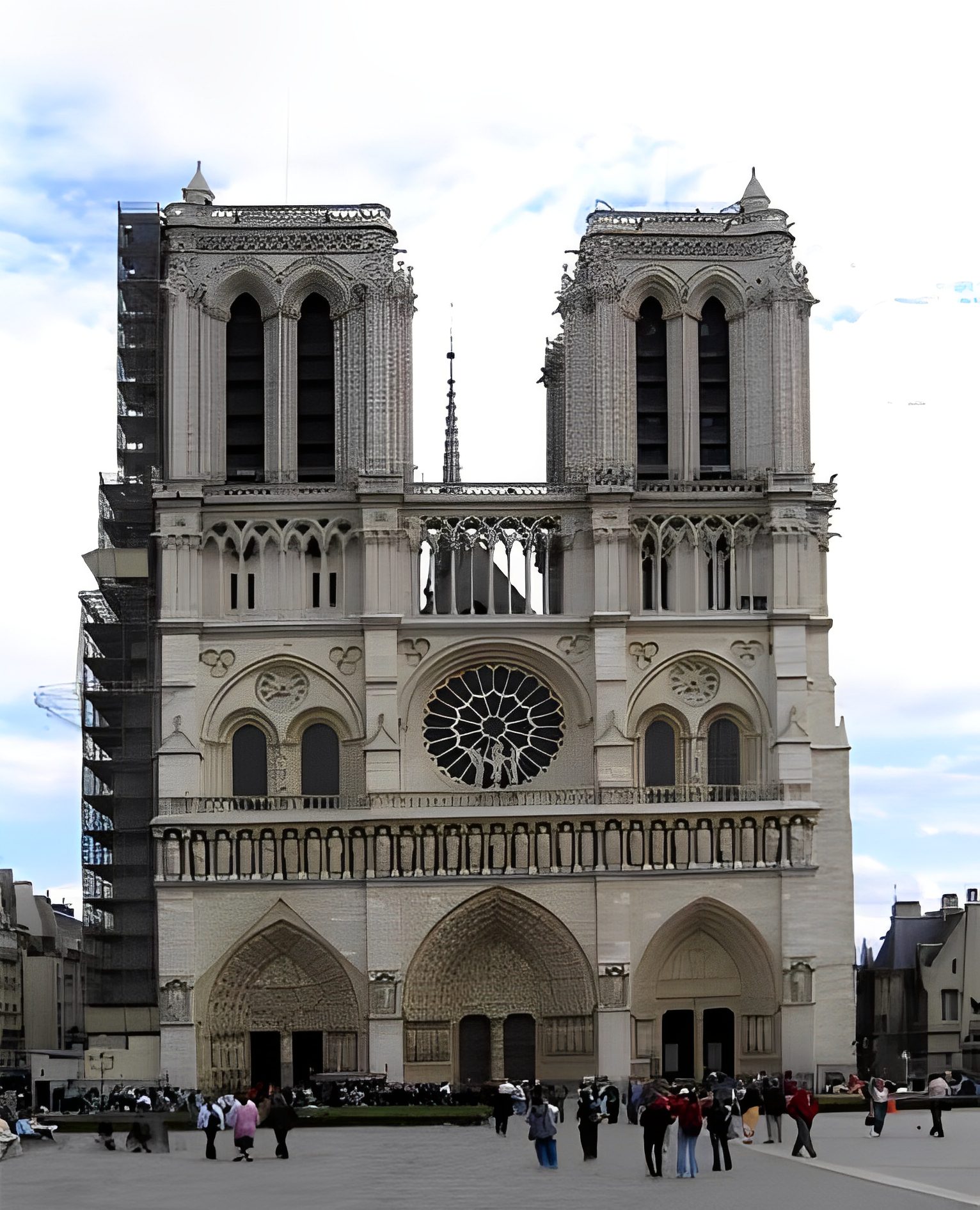 Notre-Dame Cathedral facade with visitors outside.