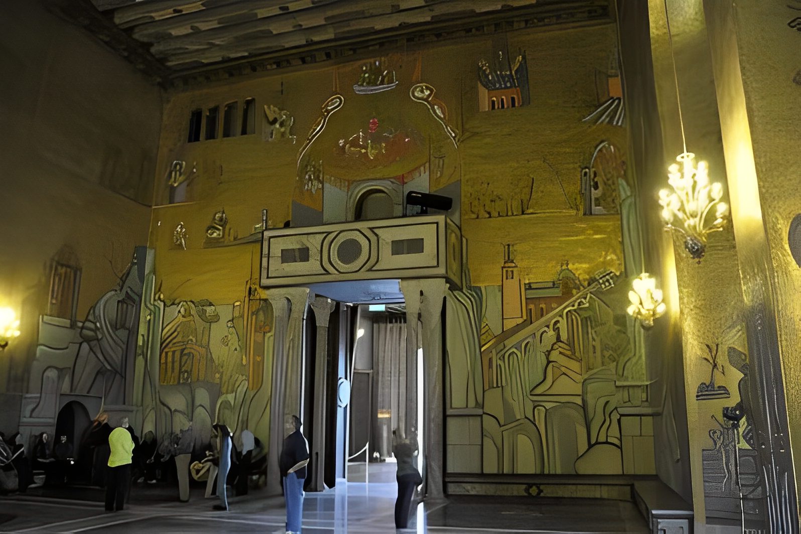 Golden mural in ornate interior room.