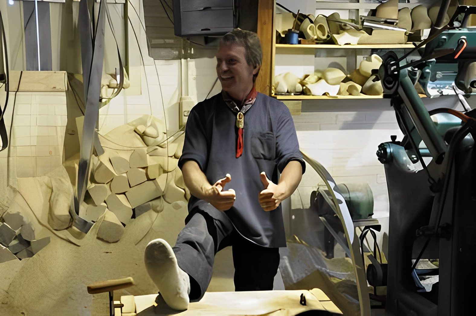 Man giving thumbs up in a workshop.