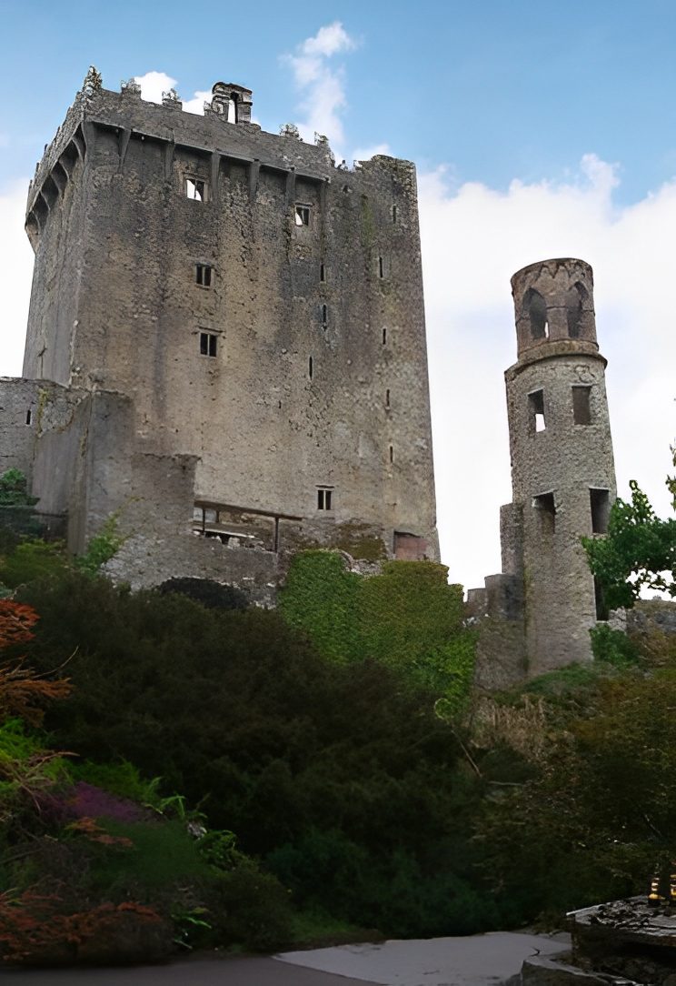 Ancient stone castle with tower and greenery.
