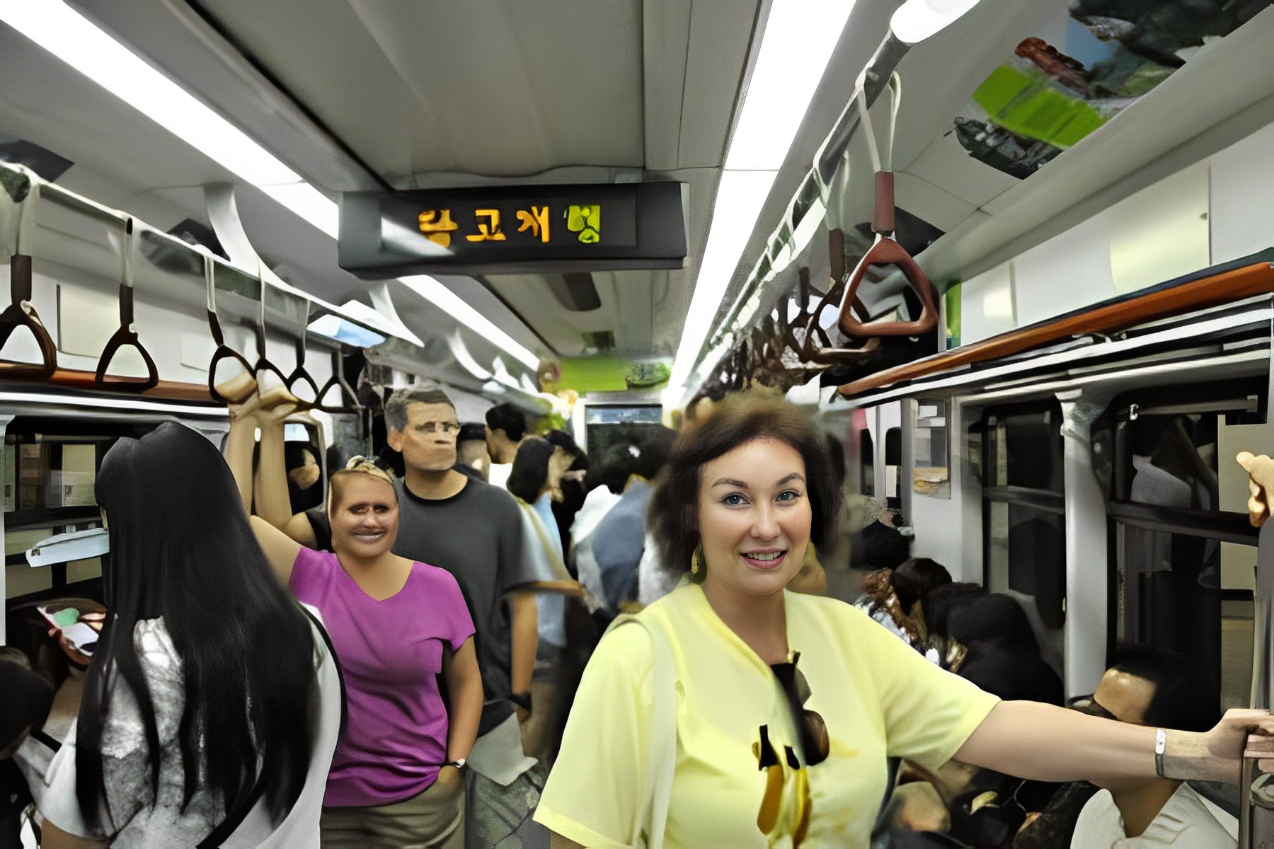 Passengers standing inside a crowded subway train.