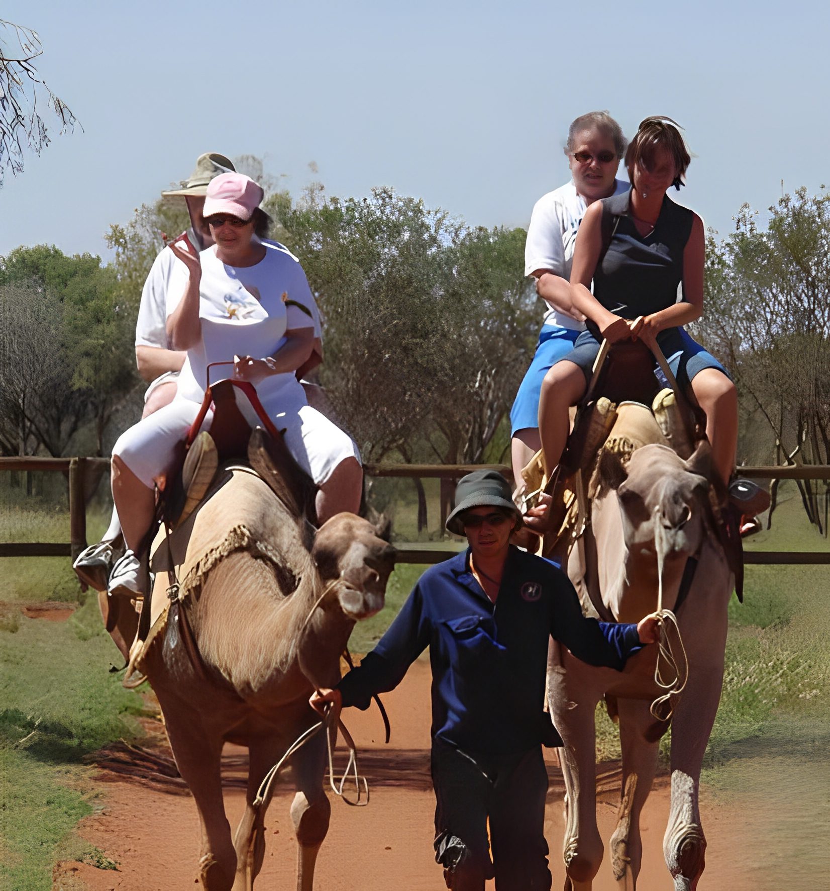 People riding camels on a dirt path.