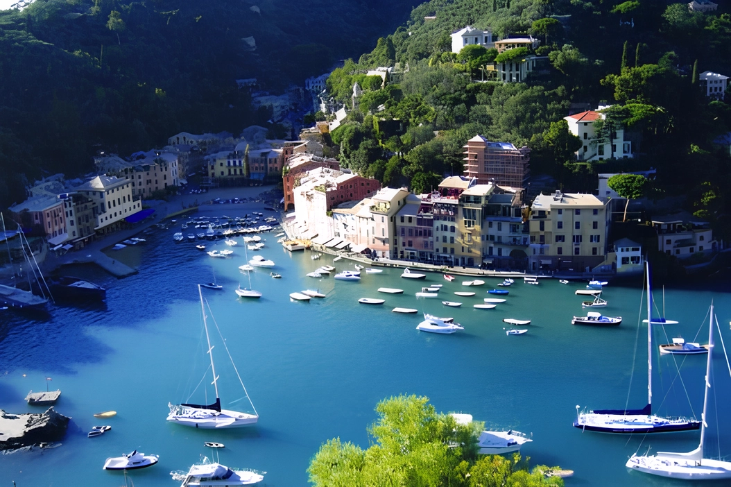 Colorful harbor with boats and hillside buildings.