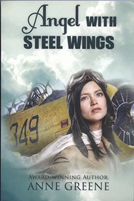 Woman pilot with vintage aircraft background.