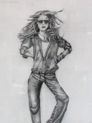 Sketch of woman in casual outfit, sunglasses.