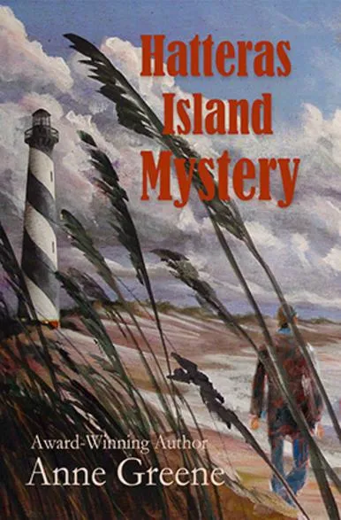 Lighthouse, man, and sea on mystery book cover.